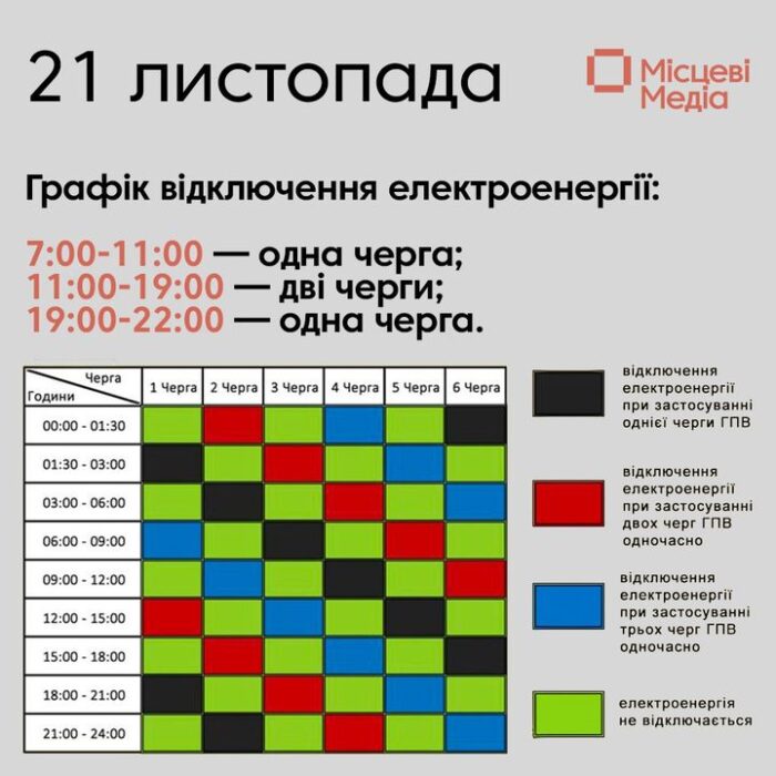 Графік відключення світла на завтра, 21 листопада